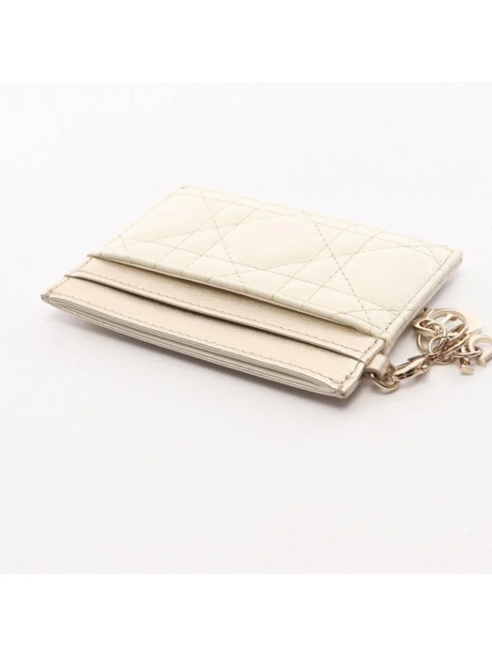 Dior Card Case Lady Dior Cannage Ivory Champagne Gold Leather Holder